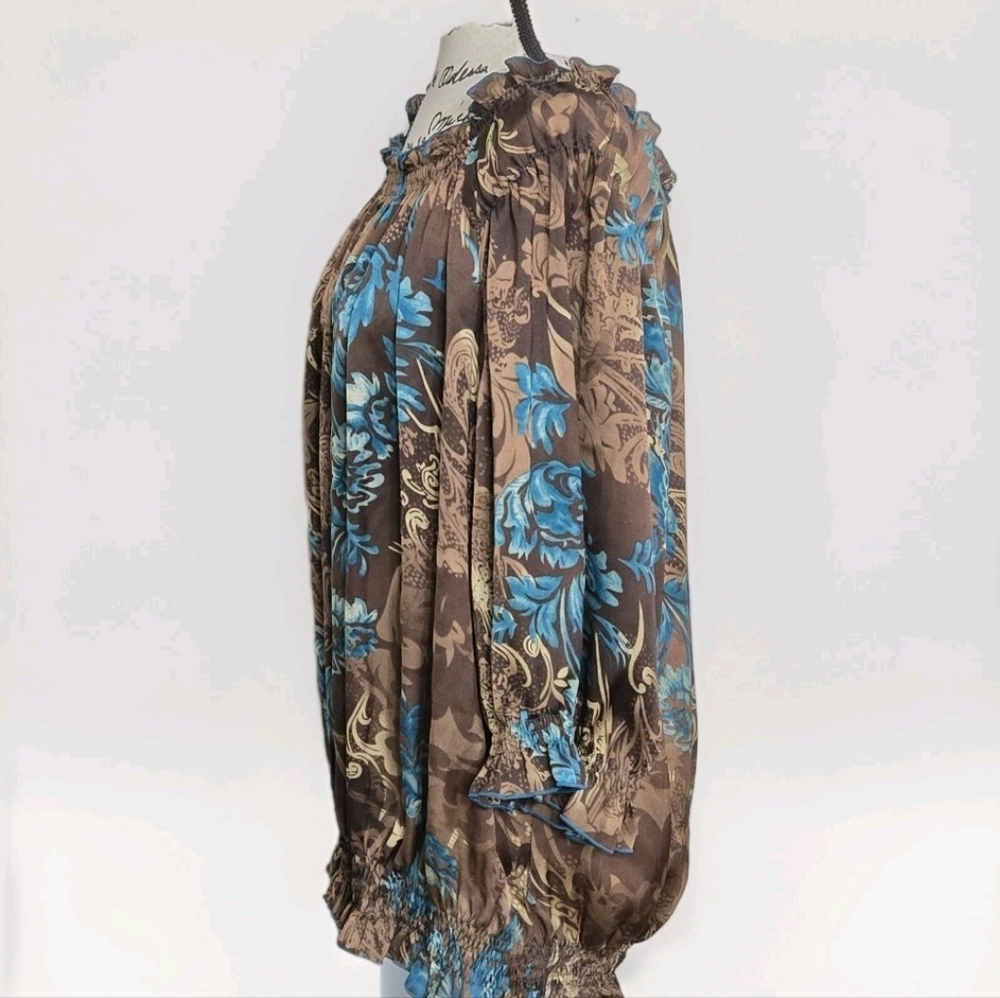 Dressbarn Satin Floral Blouse Brown Blue Paisley Cottagecore 3/4‎ Sleeve Sz 1X - Picture 3 of 11